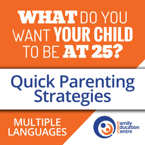 Orange square with words about parenting tips from the Family Education Centre